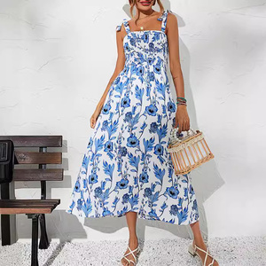 Robe décontractée à fleurs d'été pour femmes <span class=keywords><strong>gilet</strong></span> <span class=keywords><strong>long</strong></span> bleu et blanc pour les vacances à la <span class=keywords><strong>plage</strong></span> - Product Image 2