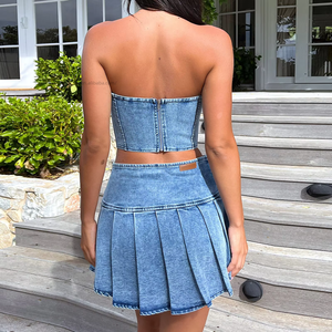 New Summer Strapless Denim Solid Skinny Fit Sleeveless <b>Sexy</b> High-Waisted Slit Skirt Women's 2 Piece <b>Set</b> Eco-Friendly Breathable - Product Image 6