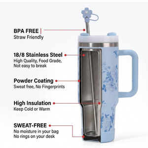 Gobelet isotherme sous vide en acier inoxydable 304 de 40 oz à motif floral, portable pour l'extérieur, avec poignée et paille, pour voiture - Product Image 4