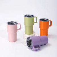 Mug de voyage isotherme sous vide de 16 oz avec revêtement anti-fuite, couvercle à paille et couvercle à bec verseur, avec poignée en corde