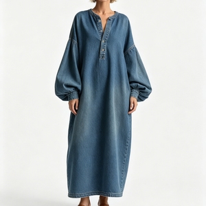 Fabricant ODM - Robe maxi en denim surdimensionnée avec manches bouffantes et patte de boutonnage mi-longue - Robes pour femmes - Sehe Fashion - Product Image 1