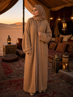 Abaya sur mesure ODM pour femme, en tricot nid d'abeille camel, avec plis, coupe ample, devant ouvert, tenue modeste, vente en gros pour l'Arabie Saoudite et les Émirats Arabes Unis