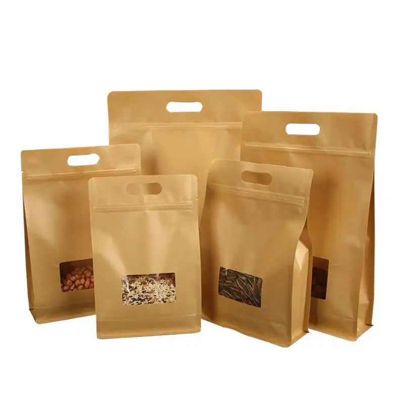 Customized Wholesale Coffee Stand Up Pouch Kraft Small Kraft With Window Zip Lock kraft Bread Bag Paper Bag