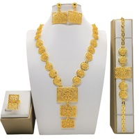 Ensemble de bijoux en or 24 carats de Dubaï, collier, boucles d'oreilles, bague, bracelet, pour femmes, mariage, design ethnique floral, style islamique, Chine, sans pierres, 2024