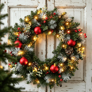 YUELIAN Corona Navideña Artificial de 20cm-60cm Preiluminada con Luz Cálida, Piñas y Ramas Escarchadas para Decoración de Puerta Principal o Pared - Product Image 1
