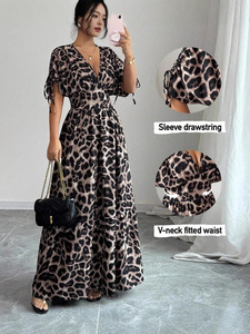 Nouvelle <span class=keywords><strong>robe</strong></span> longue vintage à imprimé léopard en satin, col en V, taille élastique et fonction antistatique - Product Image 3