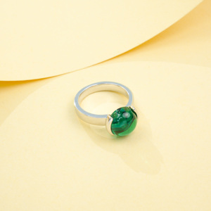 <b>925</b> Sterling <b>Silver</b> Solitaire <b>Ring</b>, Round Cabochon Lab Created Emerald Half Bezel Setting - Product Image 4