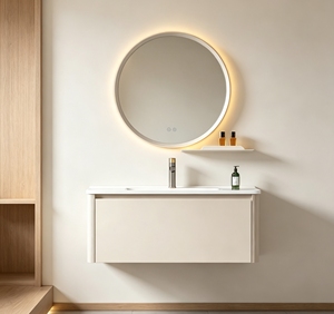 Mueble de <span class=keywords><strong>Baño</strong></span> Flotante Moderno Minimalista Estilo <span class=keywords><strong>Bauhaus</strong></span>, Espejo Inteligente Colgante de Pared de Aleación de Aluminio, Lavabo de Cerámica, para Comedor o Villa - Product Image 1