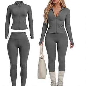 Women's Gray 2-Piece Workout Set Long Sleeve Zipper Top High Waist <b>Leggings</b> Spandex Training Dancewear - Product Image 1