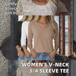 Women's <b>Cute</b> Solid V-Neck 3/4 Sleeve Casual Loose Fit Soft Polyester Autumn 220g <b>T</b>-<b>Shirts</b> - Product Image 2