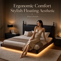 Lit Queen Size Moderne Minimaliste Flottant en Cuir Rembourré avec Bande LED, Cadre en Bois Massif, Meuble de Chambre Personnalisable