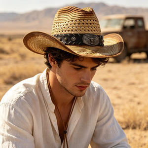Hollow Out Western Straw Cowboy <b>Hat</b> Breathable Panama Sun <b>Hat</b> Outdoor UV Protection Jazz Beach Cap - Product Image 2