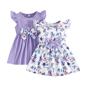 Conjunto de Dos Piezas de Verano para Bebés Niñas, Vestido Casual con Estampado Sólido, Cuello Redondo con Lazo, Dulce, Hasta la Rodilla - Product Image 4