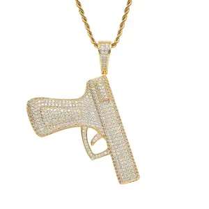 Hip hop real gold plating with brass and full zircon stereo pistol style pendant necklace collar