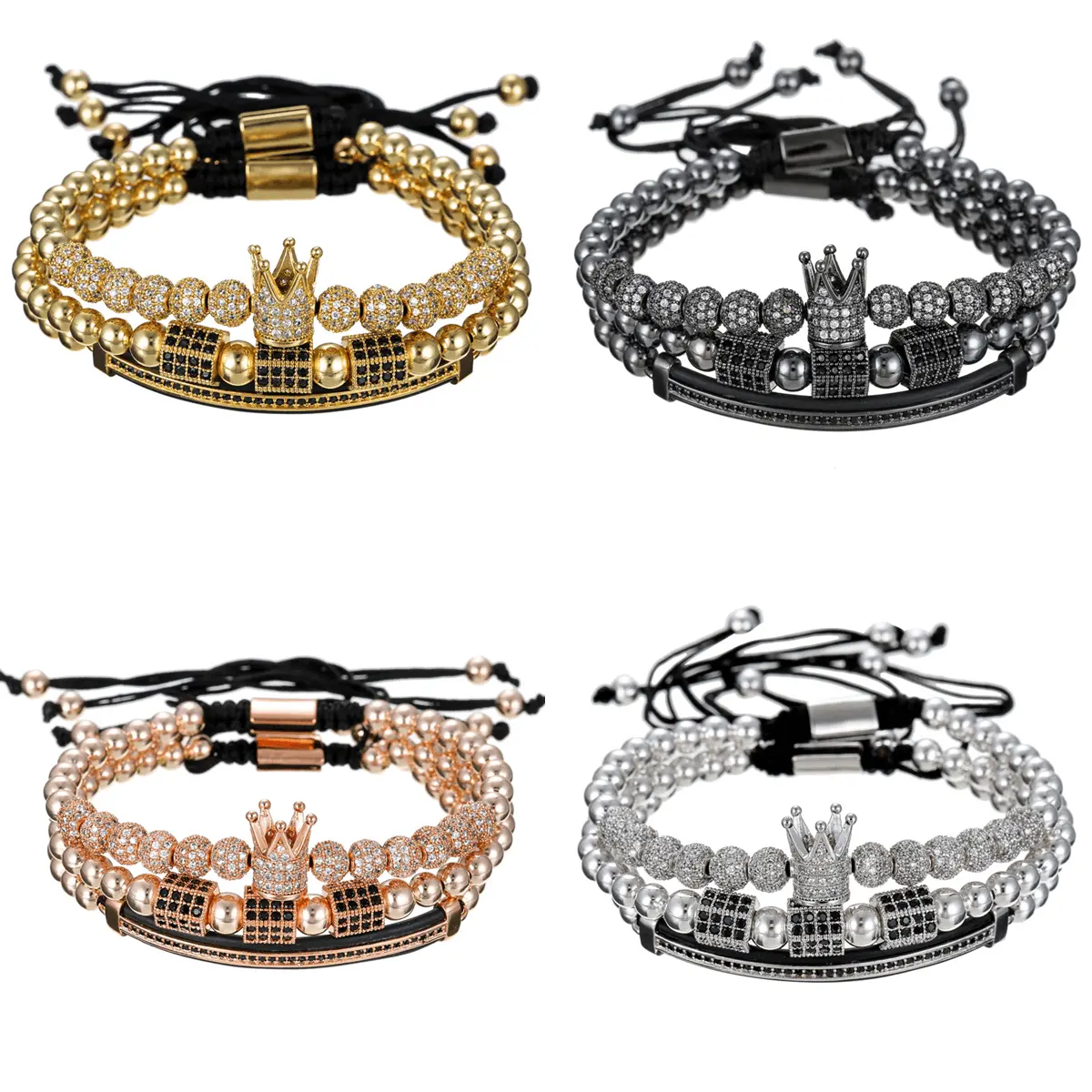 Hot Sale 4Pcs/Set Gold Crown Engraved Men Bracelet Bangle Set Luxury Stainless Steel Roman Numbers CZ Braided Bracelet Homme