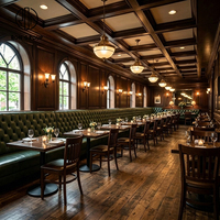 Meubles de restaurant Ron Group, banquette demi-cercle capitonnée en cuir avec chaise en cuir et structure en bois, table carrée en bois massif durable.