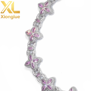 Gorgeous <b>Delicate</b> Romantic Pink Micro Pave CZ Four Petal Flower Link Chain Copper Statement Floral <b>Necklace</b> - Product Image 3