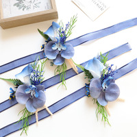Boutonnières et corsages de poignet réalistes faits main en PU, tons bleus, pour mariages et banquets, avec lys calla et phalaenopsis, décorations pour verres à vin