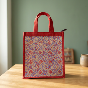 Sac de courses moyen à motif losanges en tissu non tissé rouge avec fermeture éclair, sac fourre-tout à main pour l'épicerie - Product Image 1