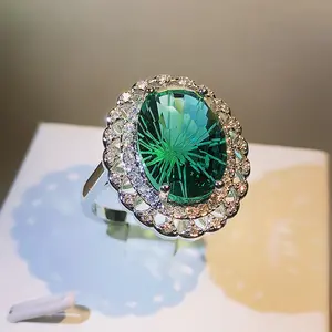 KYRA01609-Anillo de circón verde con forma geométrica para mujer, joyería de belleza