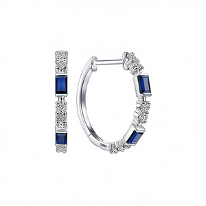 Pendientes de Aro en Tono Plateado E745 con Gemas de Esmeralda Azul Talladas en Bisel, Joyería Clásica de Moda para Mujer para Fiestas - Product Image 1