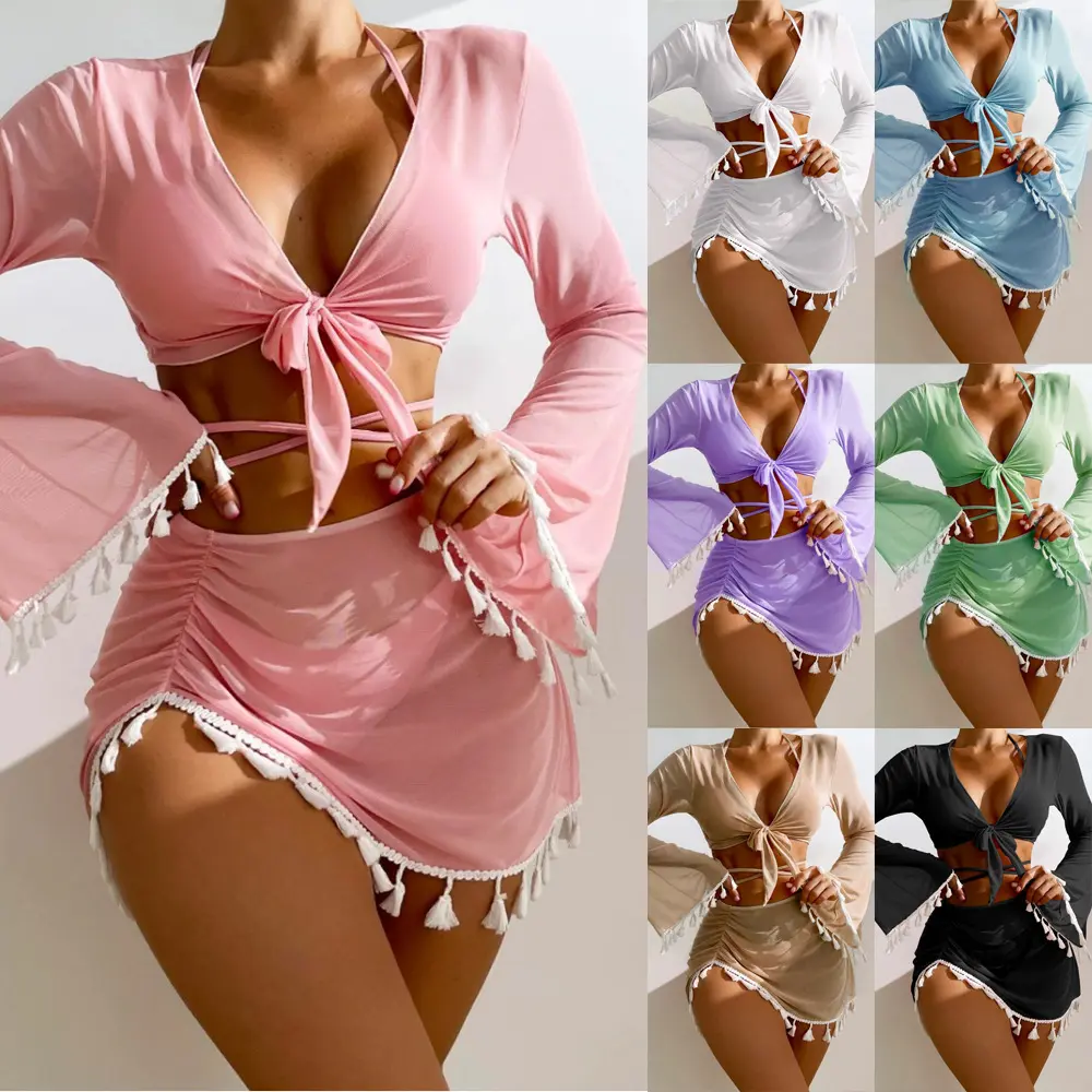 Thời trang Bảo thủ bốn mảnh thiết lập màu sắc rắn tua smock LƯỚI VÁY bikini áo tắm