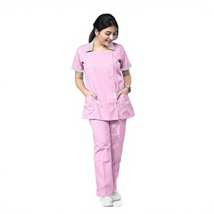 Conjunto de uniforme médico rosa para mujer, de rayón y poliéster, tejido sin costuras, con detección de agujas, para hospital (pantalón y top) - Product Image 1