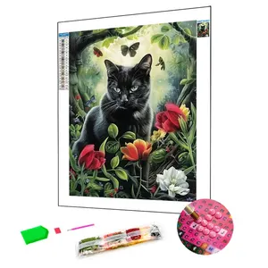 Novedad gato negro está en las flores mosaico de diamantes pinturas sobre lienzo punto de cruz bordado pintura decoración del hogar