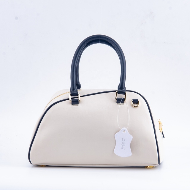 Elegant White Shell-Shaped Handbag - Black Trim Leather Handle Bag with Gold Zipper, Minimalist Women's Purse, OEM Customizable