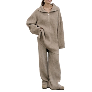 Simple Solid Color Half Zip Sweater <b>Knit</b> Straight Leg Pants Two Piece <b>Set</b> for Women Fashion - Product Image 2