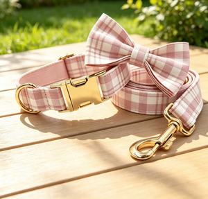 Premium Light Blue Plaid Polyester <b>Dog</b> <b>Collar</b> Leash Set Featuring Adorable Classic Design Sturdy Hook Buckle - Product Image 1