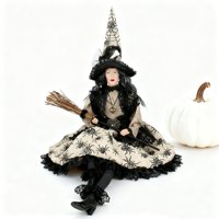 Décoration de sorcière assise pour Halloween, poupée vintage à motif d'araignée, figurine en dentelle avec balai pour la décoration de la maison pour les fêtes