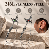 Clous d'oreilles unisexes en forme de croix ailée avec longue chaîne, en acier 316L, bijoux alternatifs pour motards, pour hommes, style streetwear quotidien