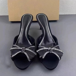 Nouvelles sandales sexy pour femmes, style satiné, avec nœud en strass, mules à bout ouvert, sandales à talons aiguilles pour femmes - Product Image 3