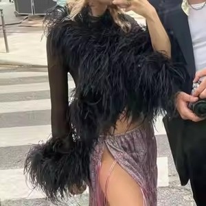 Sexy Fluffy Đà Điểu Lông Lông Lông Thú Áo Mềm Mại Mùa Hè Phong Cách Tùy Chỉnh Phụ Nữ Áo Khoác Áo Thoáng Khí Cắt Lưới Top Đà Điểu Lông Áo - Product Image 4