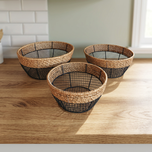 Rustic Wire <b>Storage</b> <b>Basket</b> Set with Natural Woven Rim Sturdy Metal Frame Versatile Organizer <b>for</b> Home Decor Use - Product Image 1