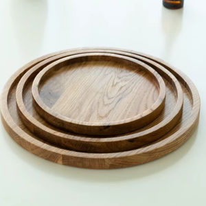 Plateau de service rond en bois avec incrustation florale et poignées découpées, plat décoratif pour boissons, collations, petit-déjeuner et décoration intérieure - Product Image 1