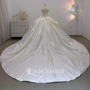 Vestido de Novia de Satén Color Marfil Lsjj173 con Escote Adornado con Cuentas, Cintura con Lazo Drapeado y Cola Catedral para Ceremonia Religiosa Jancember - Product Image 3