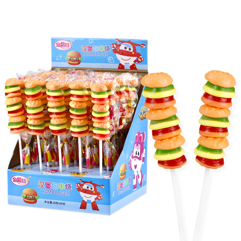 Grosir 28G campuran buah Burger Gummy Hamburger permen permen lolipop