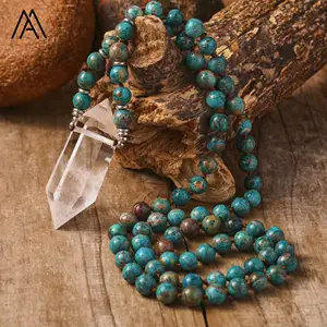 Ocean Agate Mala Necklace , Healing Crystal Double Point Pendant Knotted Necklace Yoga Jewelry Energy Gift