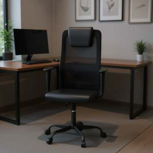 Silla de oficina de malla negra con reposacabezas integrado y reposabrazos fijos para uso comercial - Product Image 2