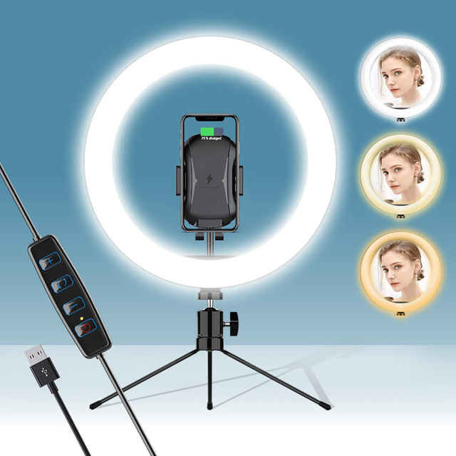 GAZ-126 10W Wireless Charger 2 In1 LED Ring Light 10 Inch Fill Light Tripod Stand Phone Holder for Live Streaming