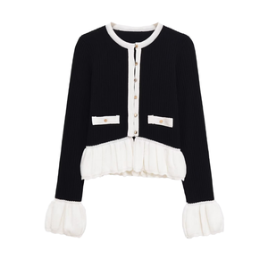 Pull en maille à col rond à manches longues pour femme, tendance vintage automne 2025, polyvalent, imprimé plissé, patchwork, respirant à l'avant - Product Image 1