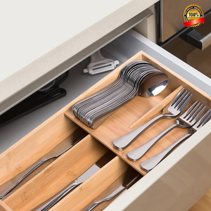Organizador de cajones de cocina de bambú, bandeja rectangular para cubiertos, ahorro de espacio para almacenamiento de vajilla - Product Image 3
