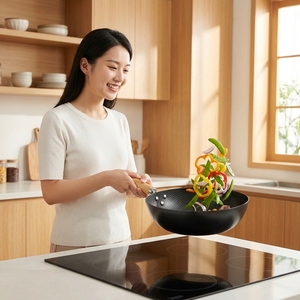 <span class=keywords><strong>Wok</strong></span> FLEY de Hierro Fundido sin Recubrimiento, Antiadherente, de Boca Ancha, con Mango de Madera y Tapa de Vidrio, Compatible con Estufas de Gas e Inducción - Product Image 6