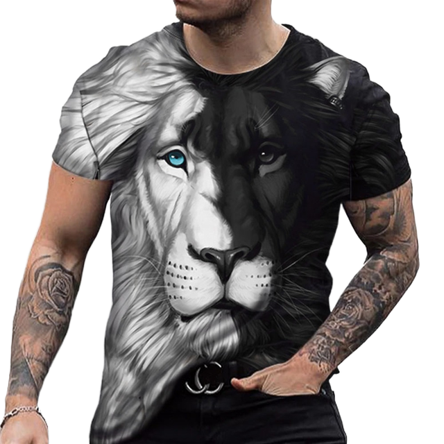 For Fitspi Men's Summer Oversized 3D Lion Fighting Animal Beast Print Short Sleeve T Shirt Black White Design in Polyester