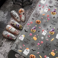 Autocollants 5D TSZS pour ongles Halloween : Citrouille, toile d'araignée, fantôme, chauve-souris, gelée – Décorations adhésives pour manucure DIY
