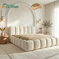 Vente en gros OEM Lit Queen rembourré en velours blanc crème, anti-boulochage, à profil bas, style nuage, pour mobilier de chambre