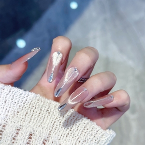 <span class=keywords><strong>Uñas</strong></span> Postizas de Acrílico Ovaladas <span class=keywords><strong>Largas</strong></span> con Línea Dorada Minimalista de Lujo, Hechas a Mano, de Alta Calidad, Venta al Por Mayor - Product Image 1