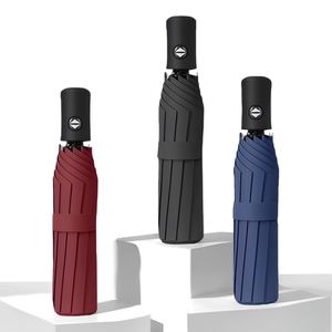 Parapluie pliant promotionnel en gros à trois sections, entièrement automatique, en bois massif, classique, noir, avec logo personnalisé - Product Image 1